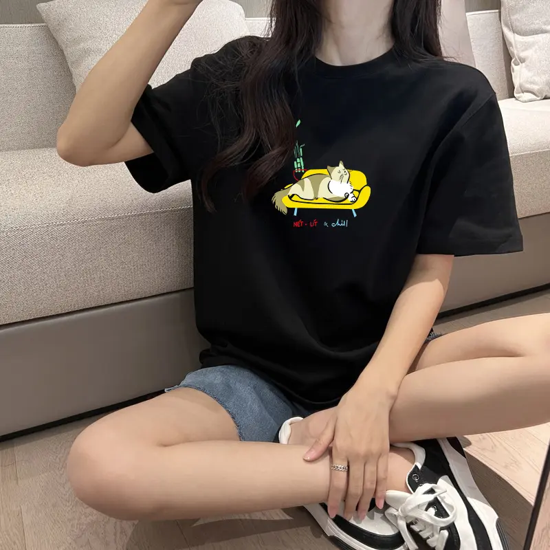 Áo thun nữ nam form rộng chữ hình kiểu Mèo Nét-Lít  cực chill AB61