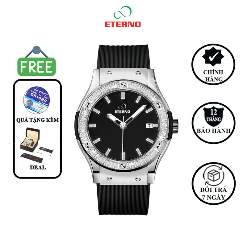 [TANDONGHO] Đồng Hồ Nam ETERNO E24-0032 Viền Bạc Đính Đá, Dây Cao Su Non