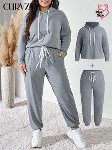 CURVZY Plus Size Autumn & Winter Two-Piece Set Solid Raglan Sleeve Sweatshirt & Drawstring Waist Sweatpants Set, Casual Long Sleeve Hooded Pullover & Jogger Pants for Daily Wear, Valentine's Day Outfit