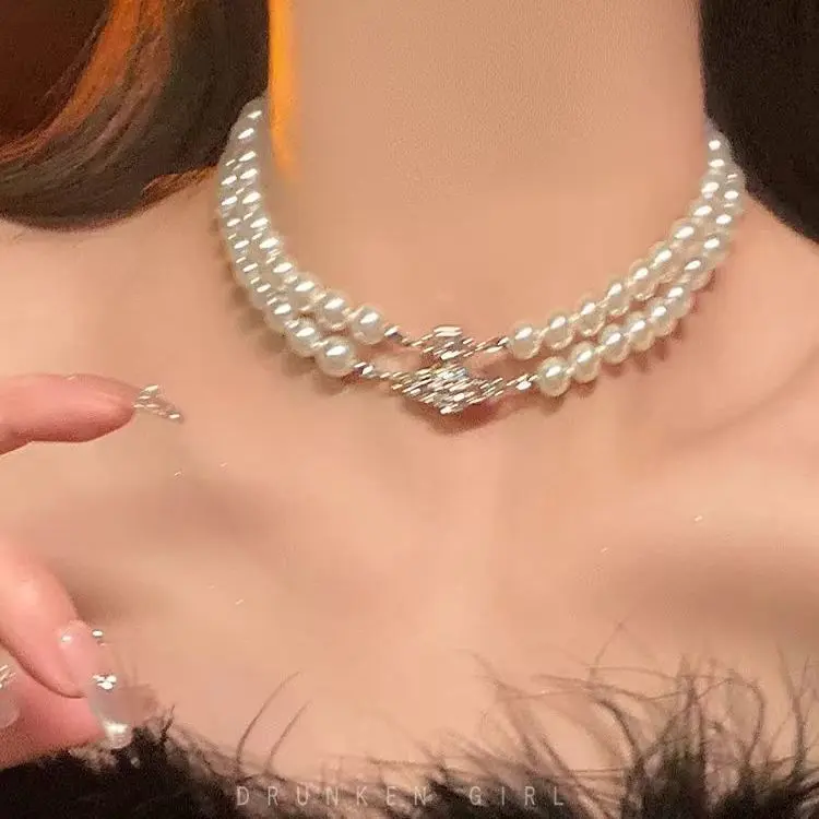 Kalung Mutiara Dua Lapisan, Reka Bentuk Zuhal mewah, Choker Wanita, Mampu Milik dan Mewah, Menunjukkan Aksesori Elegan, Kalung Klavikula Niche Berbilang Lapisan