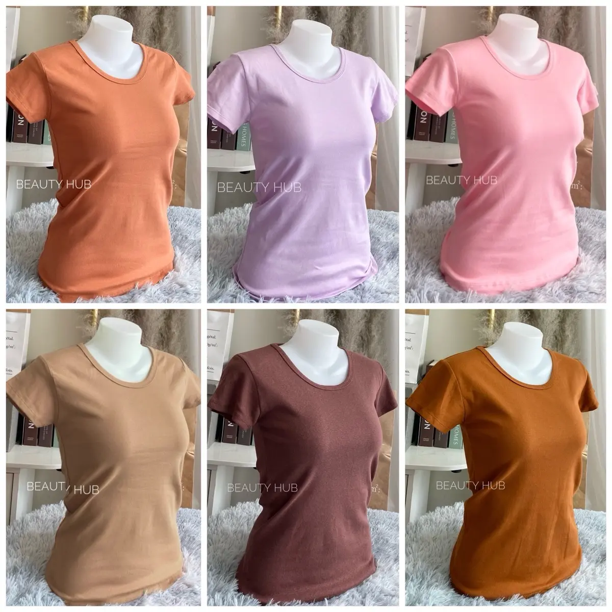 [505] เสื้อยืดคอกลม แขนสั้น สีพื้น เต็มตัว ทรงสวยสไตล์เกาหลี คอกลม ผู้หญิง Clothing Tshirt