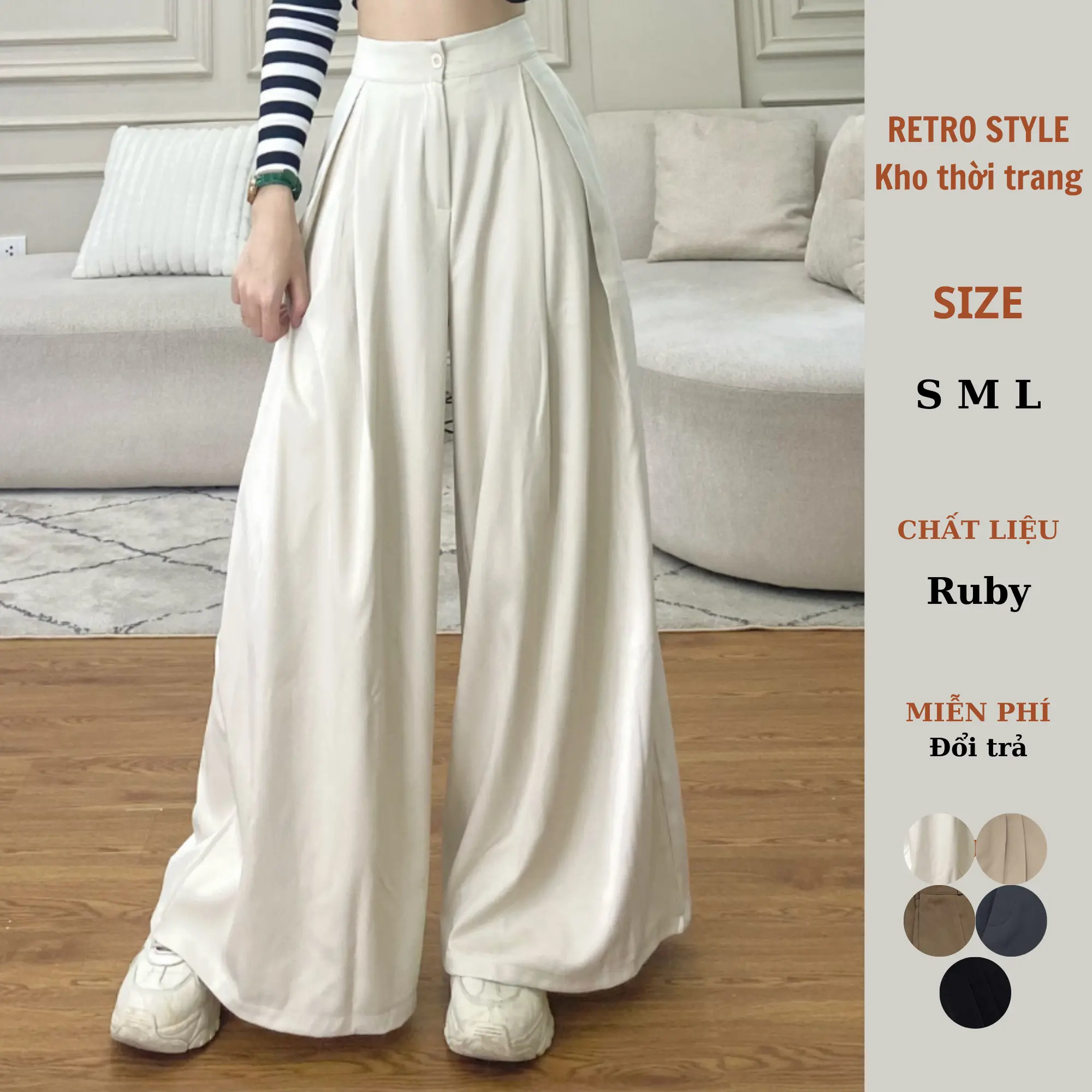 Quần ống rộng nữ xếp ly chất mềm mịn tôn dáng Women