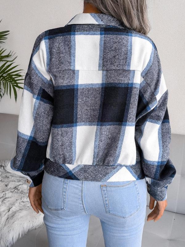 Women's Plaid Print Collared Long Sleeve Button Front Jacket, Jacket for Women, Pocket Design Drop Shoulder Button Up Outerwear, Women's Clothing 8