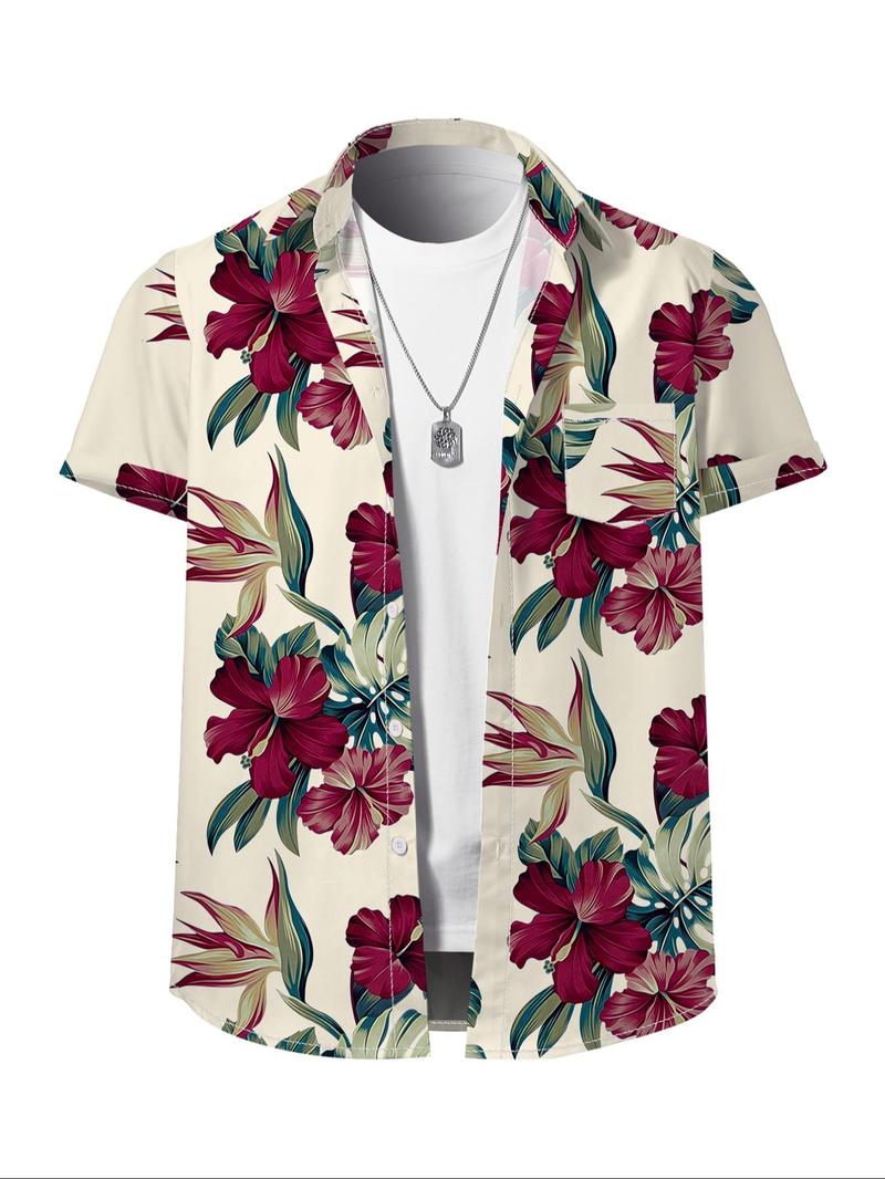 Product Introduction of Men's Floral Print Button Front Shirt, Regular Fit Casual Short Sleeve Pocket Collar Top for Summer, Fashion Men's Clothes for Beach Vacation 10