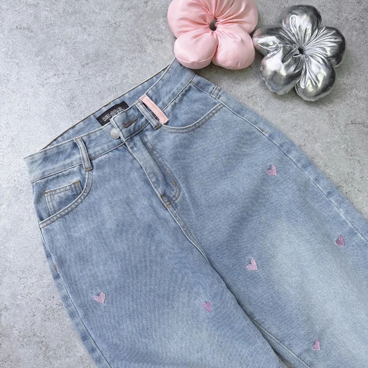 [DÀI 92CM] Quần Baggy Jean Thêu Hoạ Tiết Hồng Dễ Thương Lưng Cao Tôn Dáng