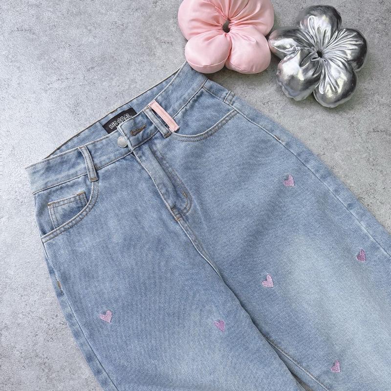 DÀI 90CM Quần Baggy Jean Thêu Hoạ Tiết Hồng Dễ Thương Lưng Cao Tôn Dáng
