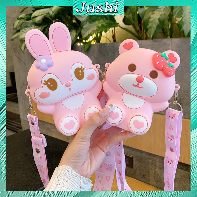 Túi đeo chéo cho bé gái cute túi da chéo vai silicon mini thời trang trẻ em hình gấu dâu thỏ hồng