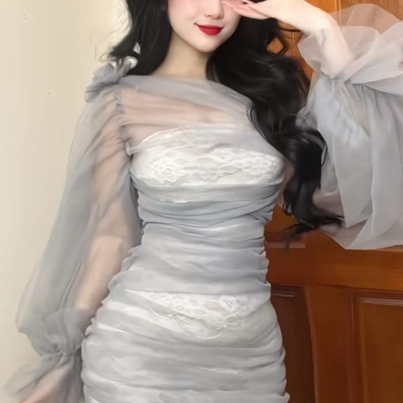 Đầm body ren phối lưới < 60kg màu xám, đen y hình đi tiệc giá rẻ 7