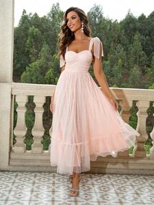Vestido de mujer con estampado de lunares, malla de contraste y volante en el dobladillo, vestido largo elegante con hombros atados para vacaciones, bodas o invitada, ropa de verano para mujer