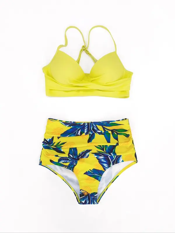 Women's Plain Top & Tropical Print Bottom Bikinis Set, Twist Push Up Swim Top & High Waist Ruched Swim Bottom, Summer Outfits 2024, Swimwear for Beach Holiday Curvy Holiday Outfits, Girly Tops, Bikini Sets, Co-ord Sets for Women, Swimsuit Women 2