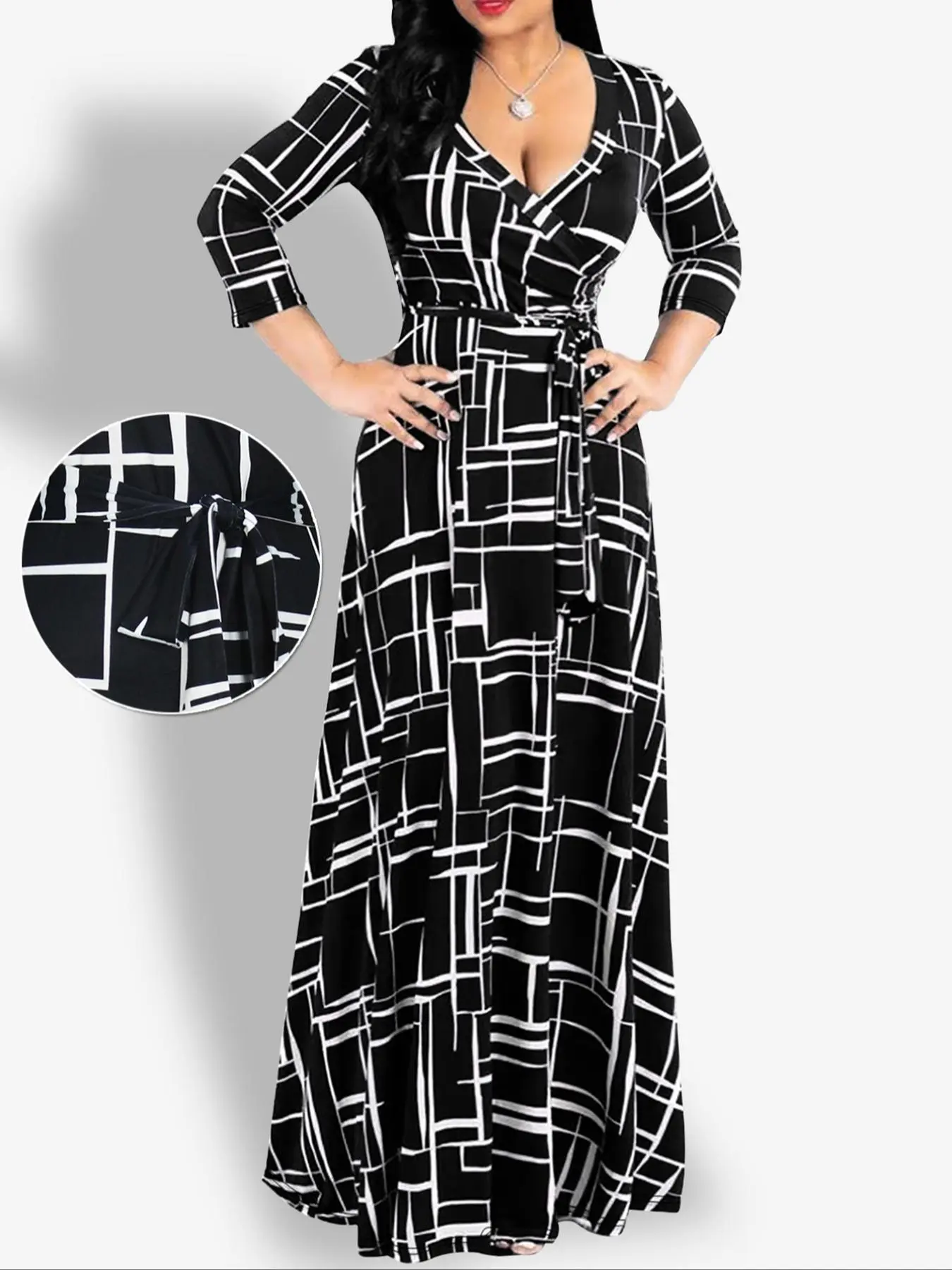 Women's All Over Print Belted  Dress, Elegant Fashion Casual V Neck  Dress for Daily Outdoor Wear, Women Dress for All Seasons