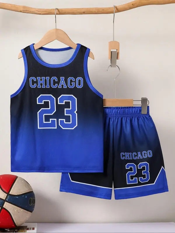 Two-Piece Set Boy's Letter Print Basketball Jersey & Shorts Set, Casual Breathable Quick Drying Basketball Uniform, Kids Sports Clothing for Indoor Outdoor Wear 0