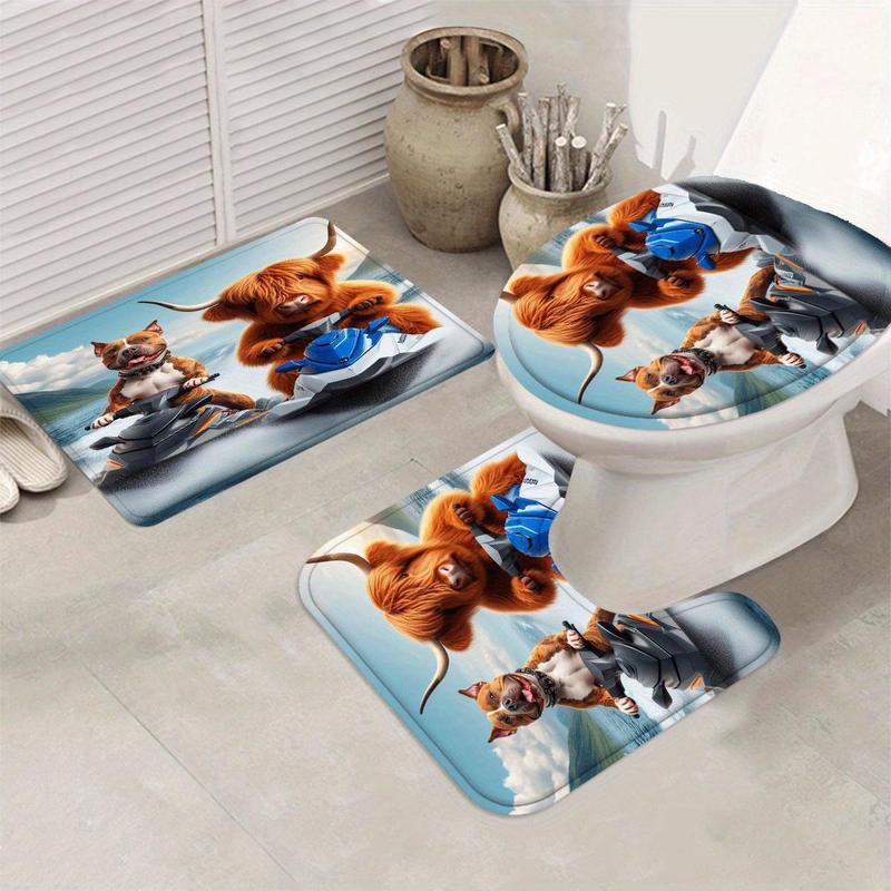 Western Cow Pattern Bathroom Decorations, 4 Counts/set Including Shower Curtain & Toilet U-shape Mat & Bathroom Mat & Toilet Lid Cover, Bathroom Accessories 3