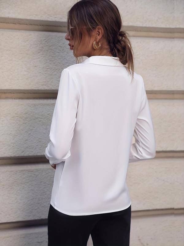Women's Faux Pearl & Buckle Decor Long Sleeve Collar V Neck Blouse, Elegant Solid Blouses for Work Office Business, Spring & Fall Clothes 6