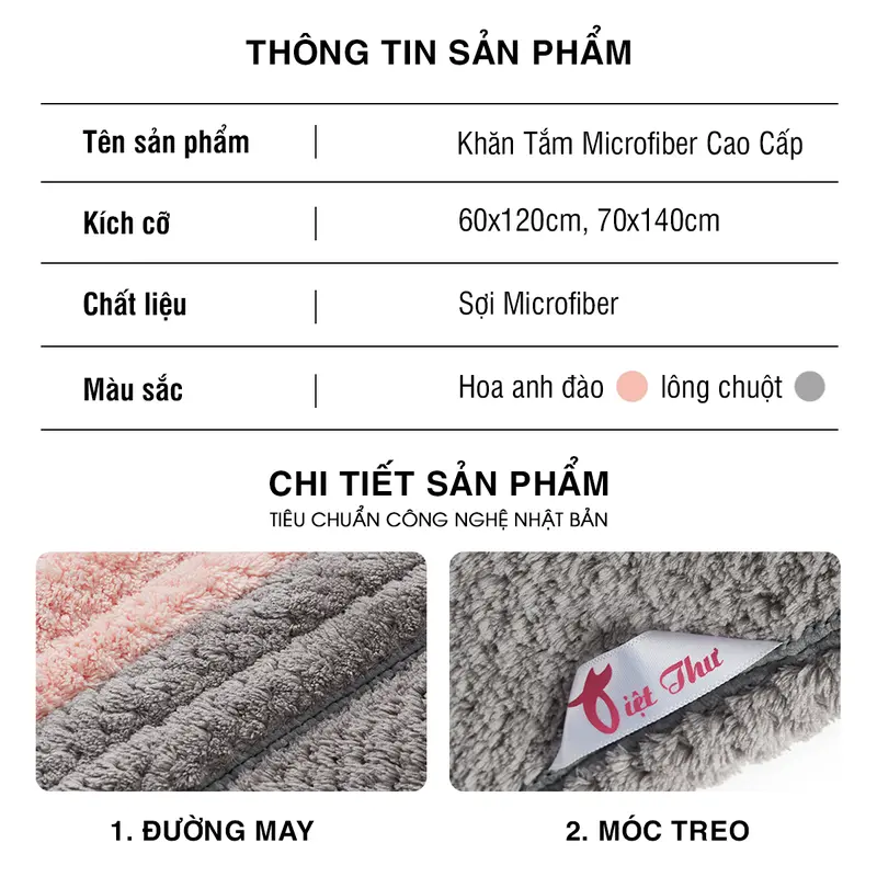 Khăn Tắm Microfiber Kháng Khuẩn Việt Thư Công Nghệ Nhật Mềm Mịn Thấm Hút 70x140cm Nhà Tắm 7