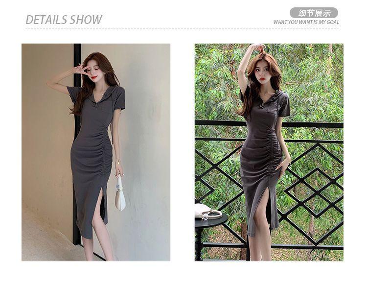 Product Introduction of Casual new style fashionable split mid length hooded skirt with women's summer temperament, waist cinched short sleeved drawstring dress 1