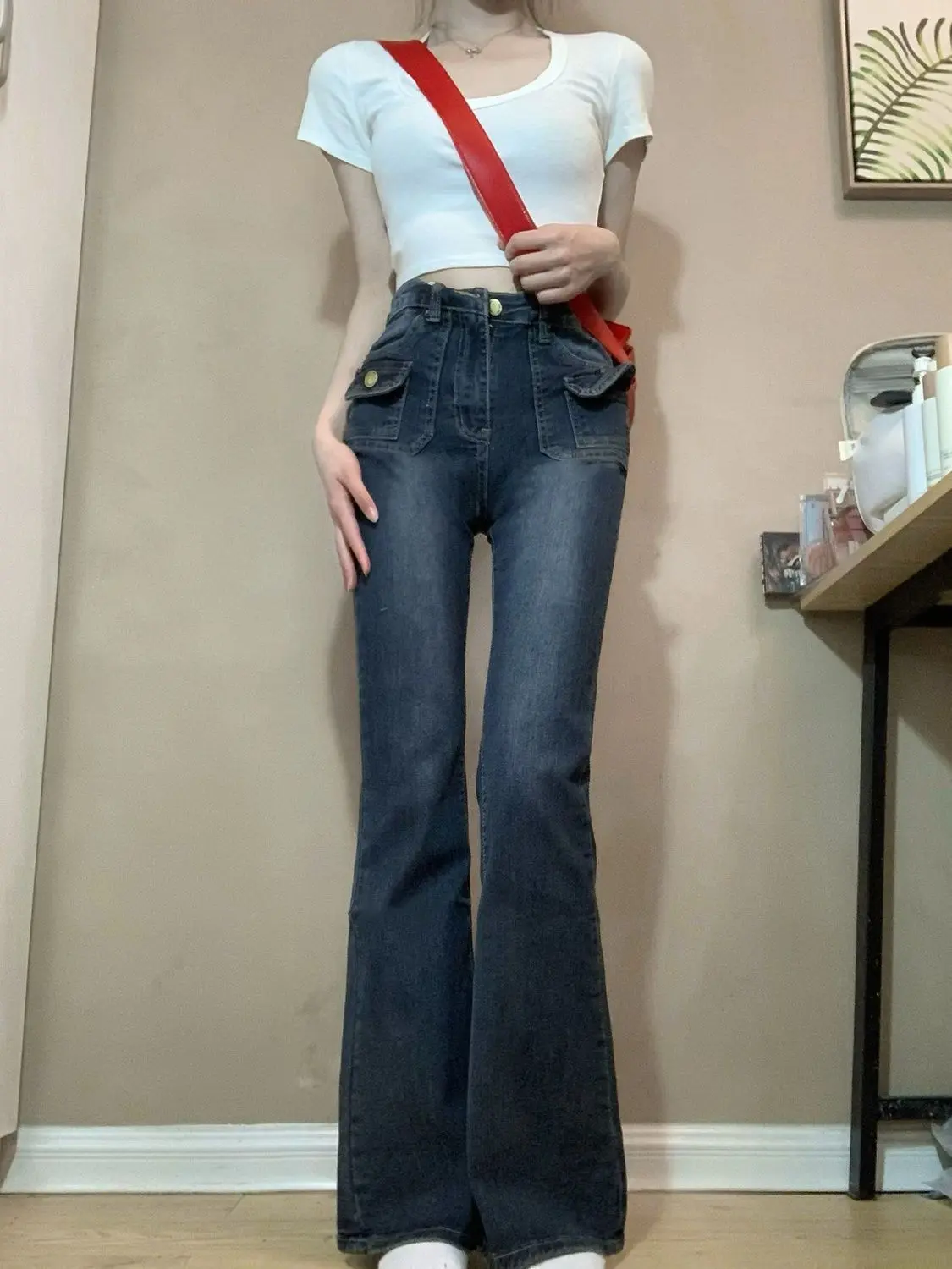 Jeans Tipis Pinggang Tinggi Baru untuk Wanita, Desain Banyak Saku, Celana Jeans Slim Fit dan Menyala, Mode #2227