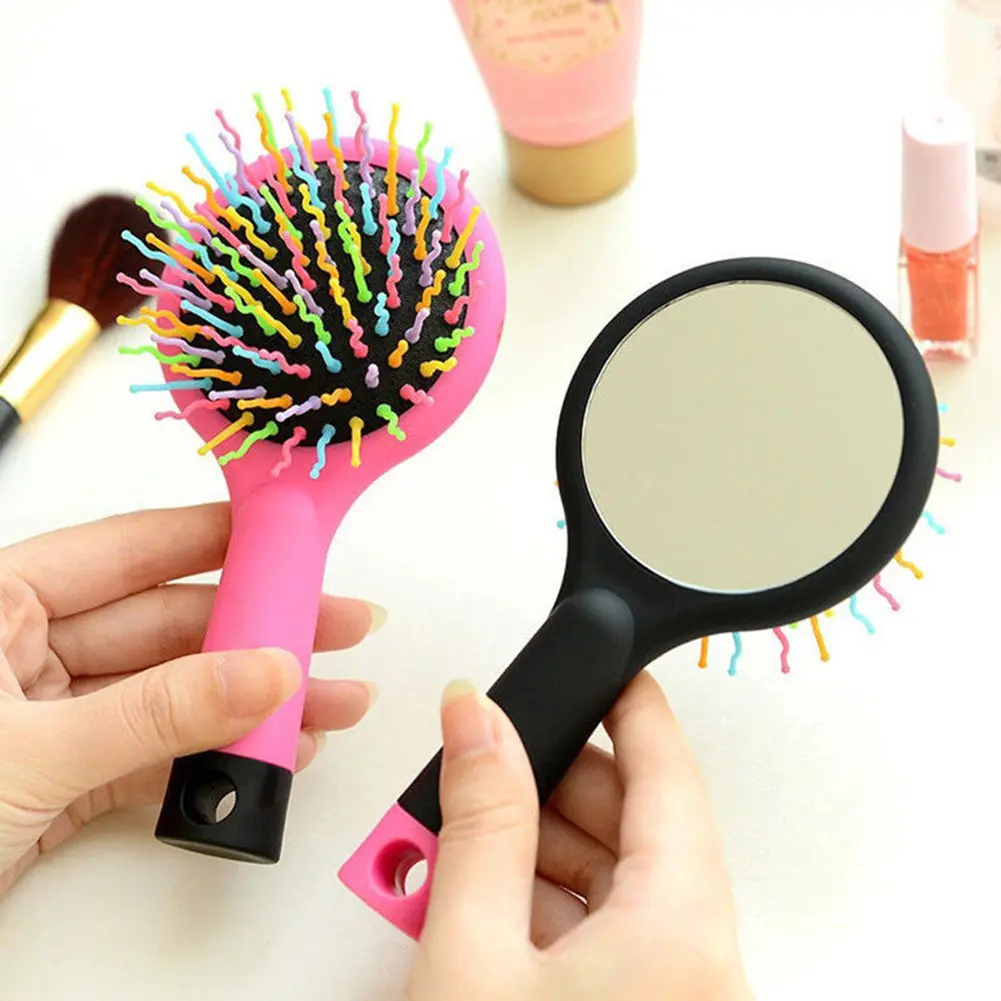 Bàn chải tóc 2 trong 1 cho bé gái, Scầu vồng, xoăn sóng, lược gương, massage chống tĩnh điện