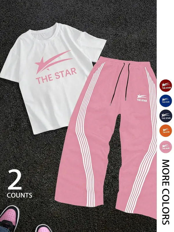 Two-Piece Set Men's Letter Print Short Sleeve Tee & Tracksuit Legging Set, Regular Fit Round Neck T-shirt & Striped Print Pants, Casual Fashion Breathable Men Two-piece for Gym Workout Running 0