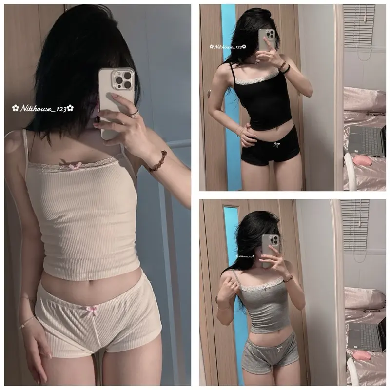 [Nitihouse] Set bộ ngủ 2 dây ren quần mini sexy cạp thấp CHE TÊN