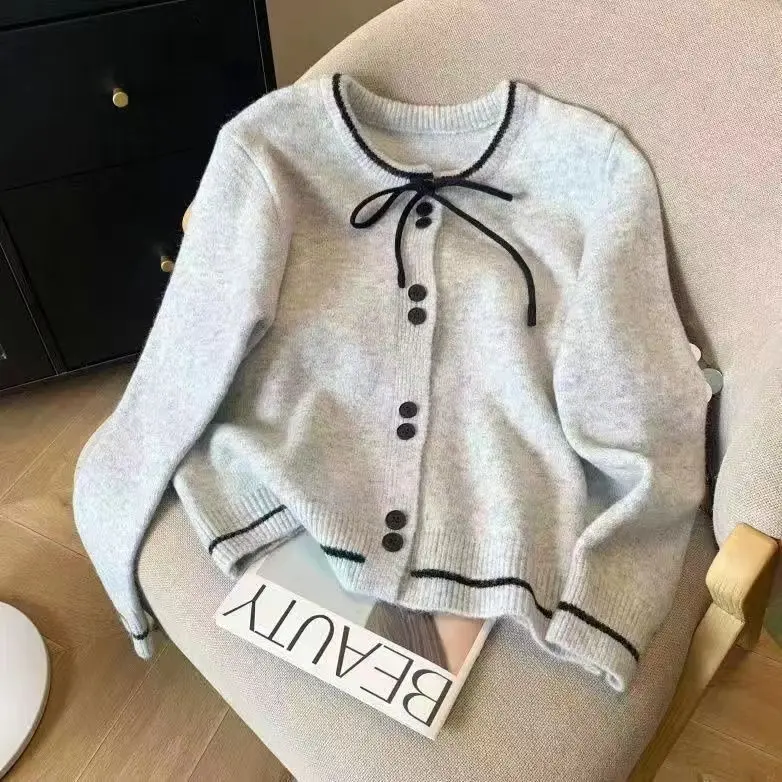 Áo Khoác Kafuu Phong Cách Pháp, Dáng Rộng Vừa Vặn, Áo Len Cardigan Có Nơ, Nhẹ Nhàng Và Thanh Lịch, Áo Len Dệt Kim, OOTD 2024 3