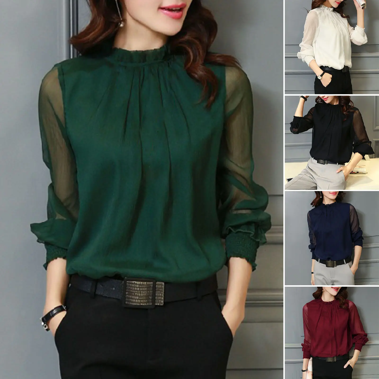 Perspective Net Mesh Sleeve Elastic Cuffs Women Shirt Elegant Ruffle Collar Solid Color Chiffon Shirt