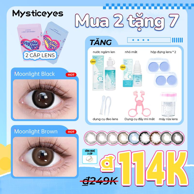 [mua 2 tặng 7, lens 0 độ] Kính áp tròng Mysticeyes 14.0-14.5mm; 2 cặp lens + 2 khay đựng lens + nước ngâm 60ml/120ml  + nước nhỏ mắt + máy rửa lens + nhíp và que đeo lens + dụng cụ hỗ trợ đẩy mí mắt