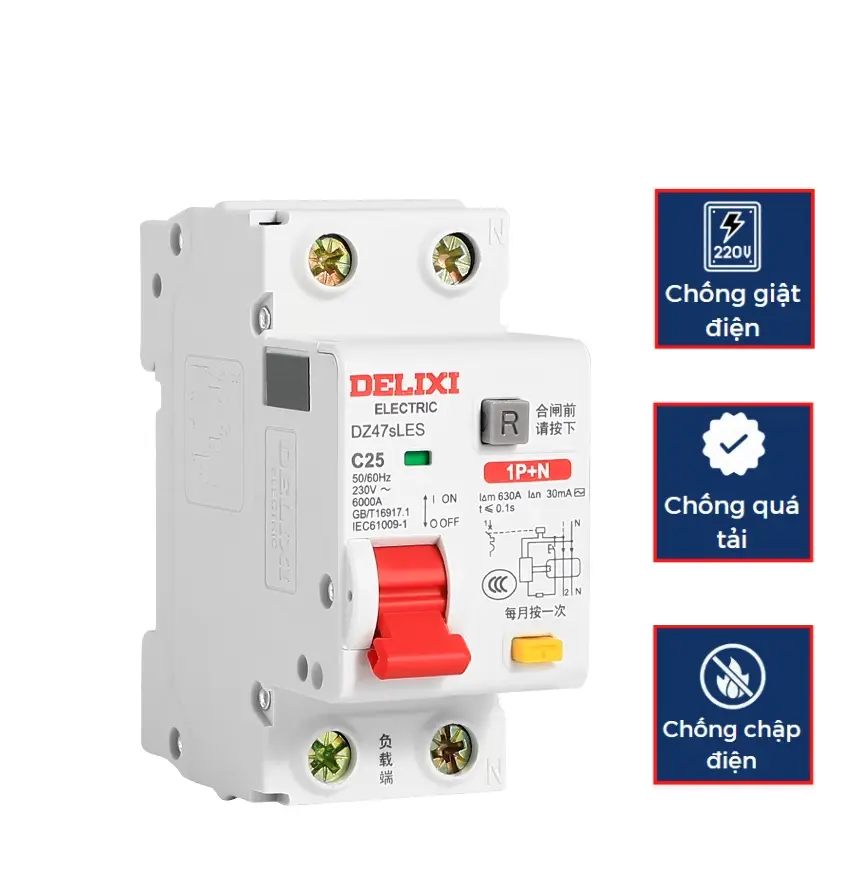 Aptomat chống giật RCBO DELIXI DZ47sLES , chống dòng rò, chống quá tải 20A, 32A, 40A,CB chống giật