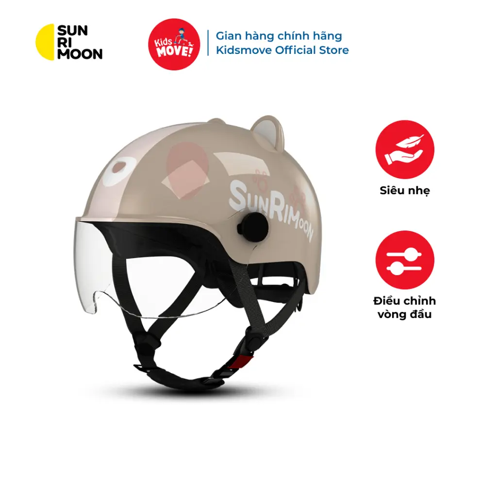 Mũ bảo hiểm trẻ em có kính siêu nhẹ Sunrimoon WT-074, cho bé 3-14 tuổi, chỉnh vòng đầu, lót mũ tháo rời, thiết kế cute