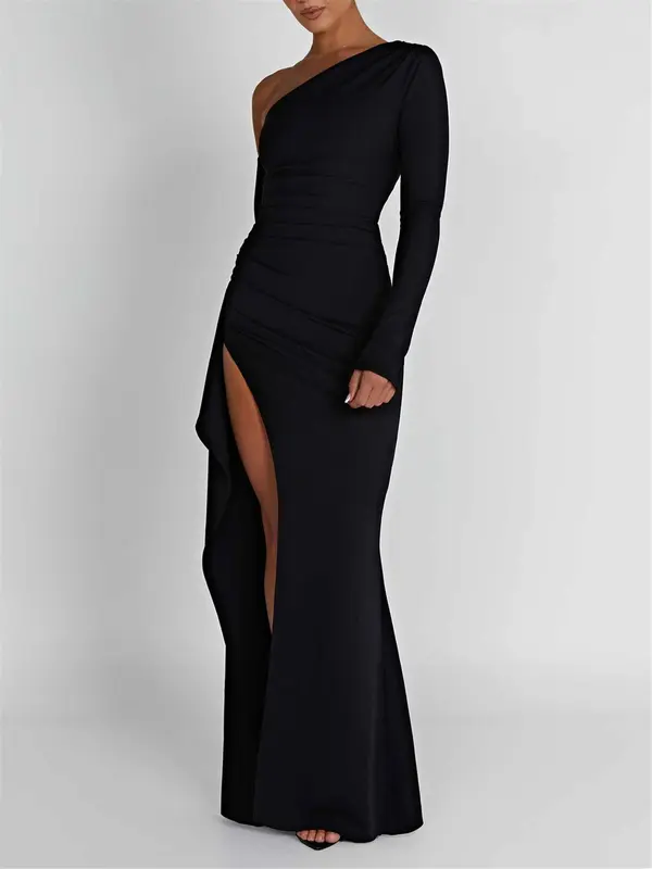Women's Split Thigh Ruched Asymmetrical Neck Bodycon Dress,  Wedding Dress, Formal Basic Sexy Comfort Long Sleeve Solid Maxi Dress, Lady Clothing for Spring & Fall, Womenswear 4