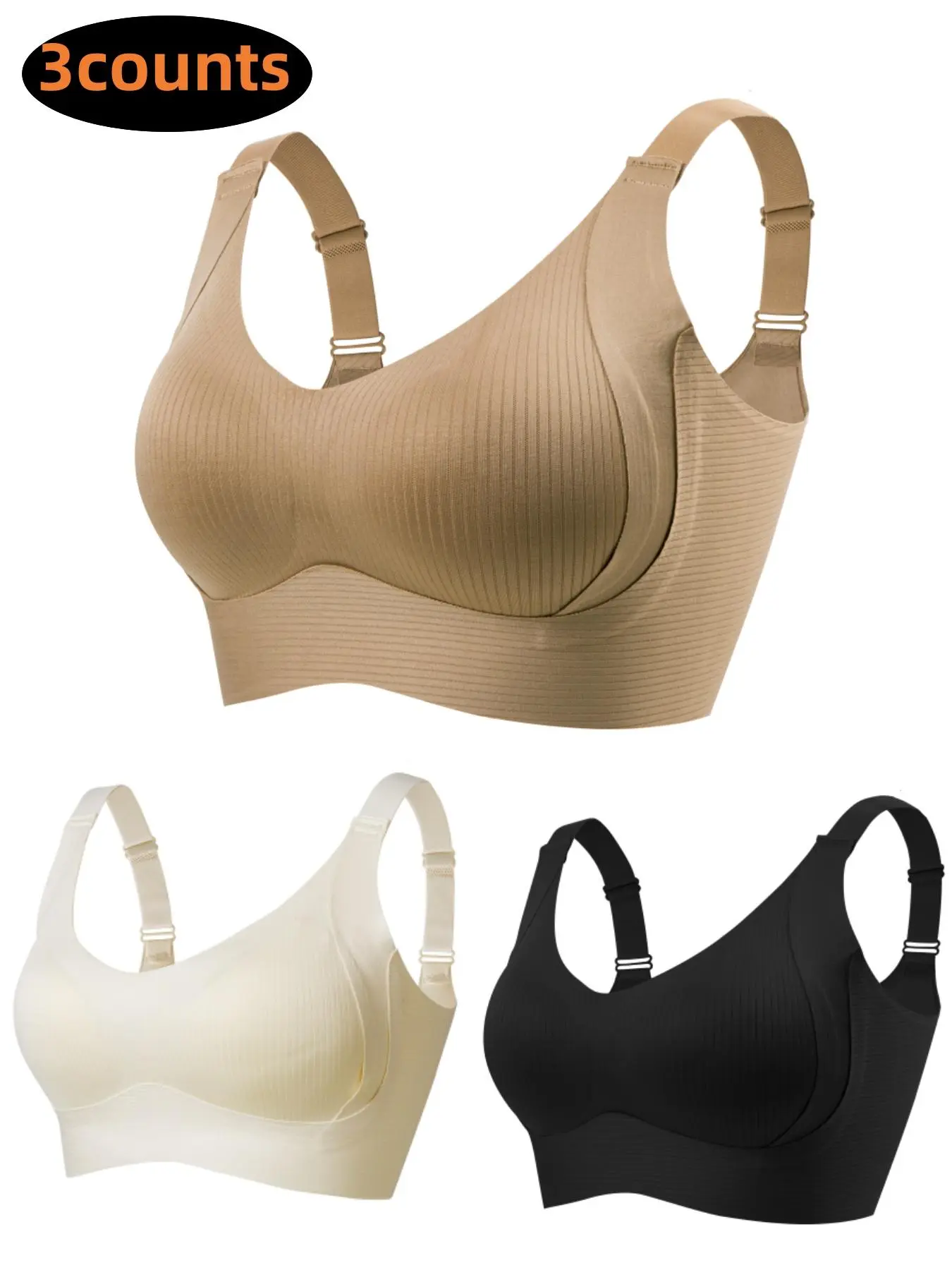 Women's Solid Four-breasted Adjustable Wireless Bra, Curvy Soft Comfortable Breathable Ribbed Push Up Seamless Bra, Women's Lingerie for All Seasons