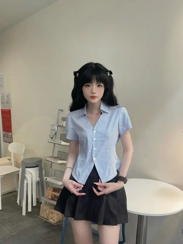 Áo sơ mi ngắn tay nữ thiết kế kẻ sọc, chất liệu mềm mịn,ít nhăn,thoáng mát NANAMY trendy SMX32 Women Top 7