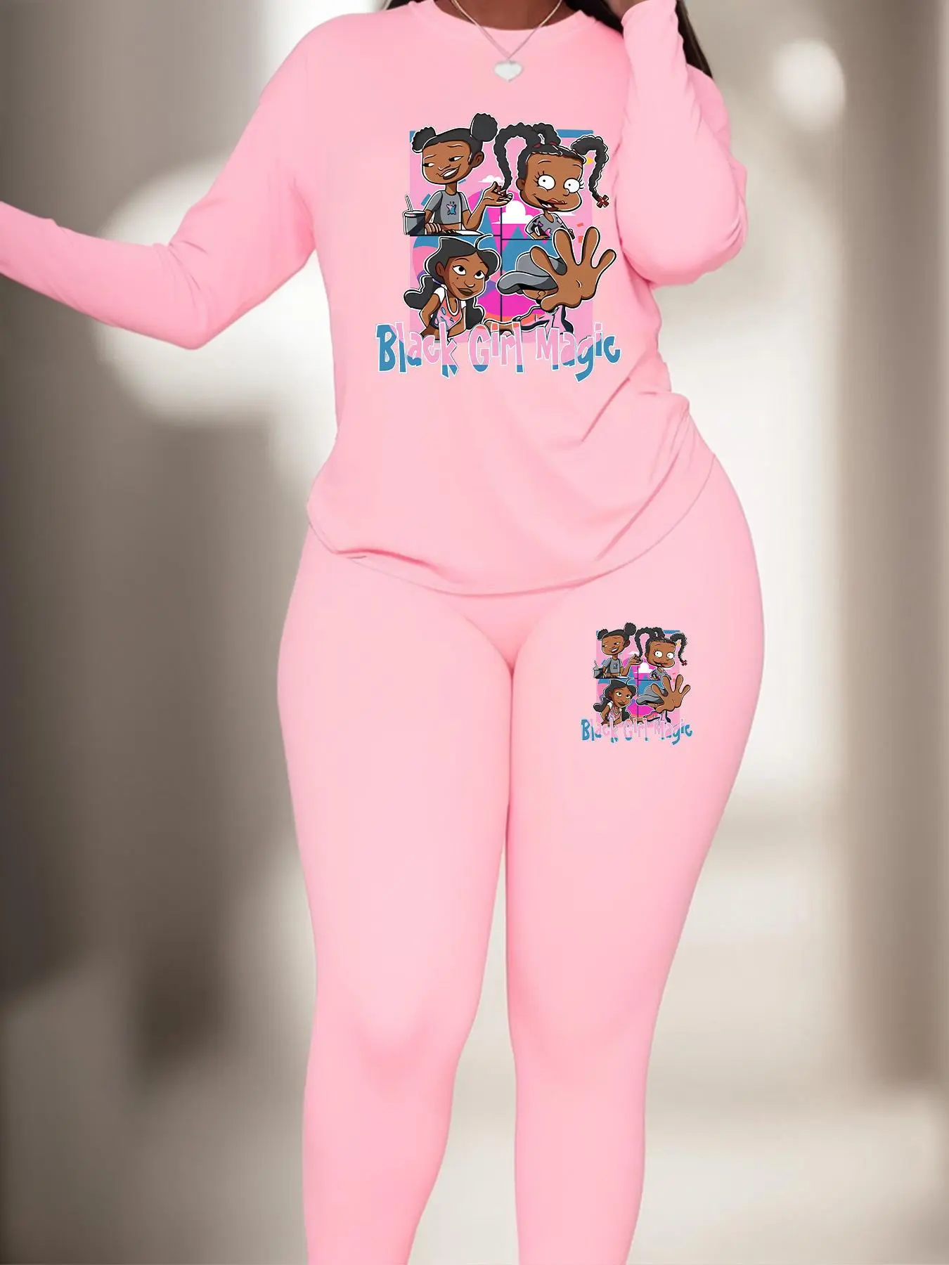 【Plus Size】 Two-Piece Set Cartoon Figure & Letter Print Tee & Elastic Waist Skinny Pants, Round Neck Long Sleeve T-shirt & Trousers, Women's Two-piece Outfits for Fall & Winter