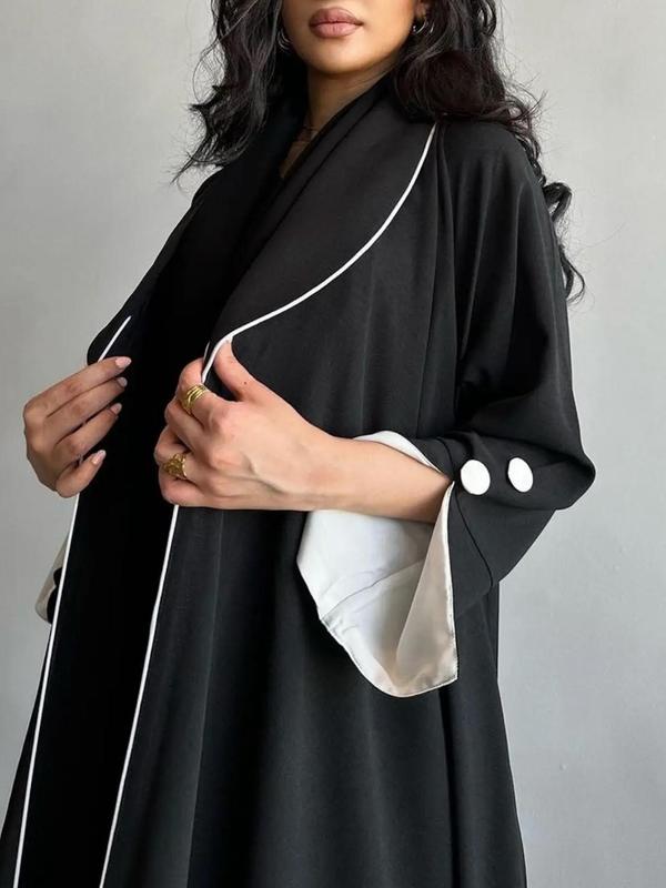 Arabic Clothing-Solid Fake Buttons Plicated Abaya, Elegant Split Sleeve Shawl Collar Outerwear, Women's Islamic Clothing For Spring & Fall 6
