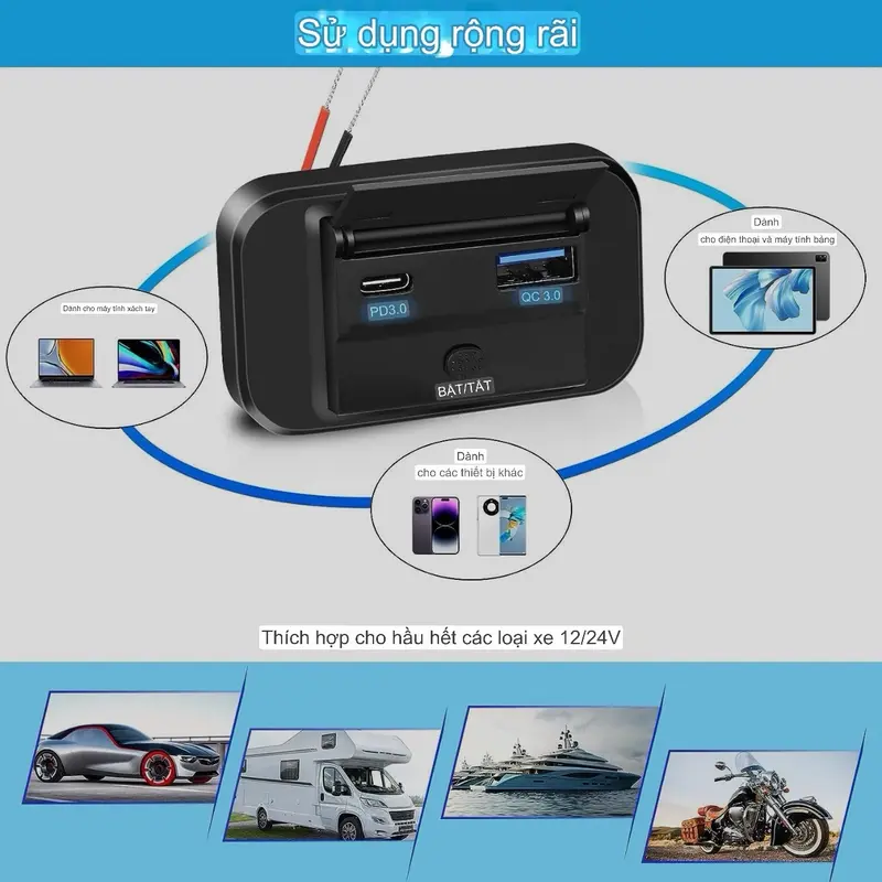 Tẩu sạc nhanh điện thoại iphone ipad máy tính bảng 2 cổng Usb QC3.0 và Pd3.0 có nắp đậy công tắc ON OFF sử dụng điện bình 12v-24v Phụ Kiện 6