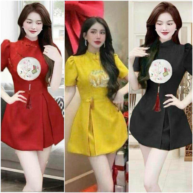 Sét Bộ Xuân Thiết Kế Cổ Tàu Thêu Hình Hoa Tiết bigsize : 45-85 kg Nữ Women Top Áo
