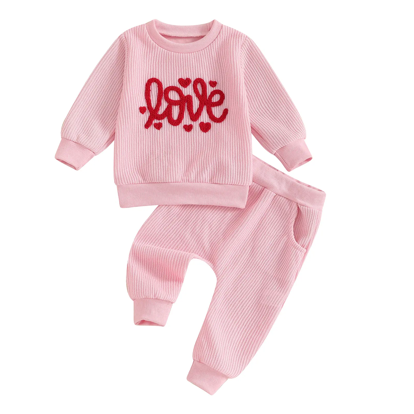 Toddler Girl Valentine's Day Outfits Letter Embroidered Crew Neck Long Sleeve Sweatshirts Long Pants 2Pcs Clothes Set