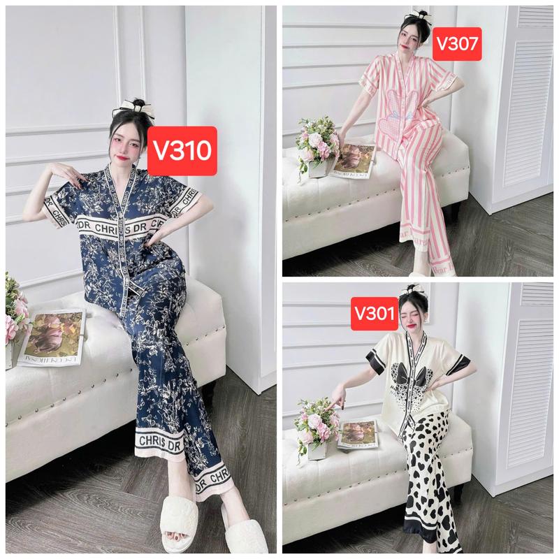 (40-72kg)Đồ bộ pijama V3 cổ Y tay cộc quần dài lụa latin thiết kế mới dễ thương, pijama nữ, đồ bộ pizama lụa latin mềm mịn
