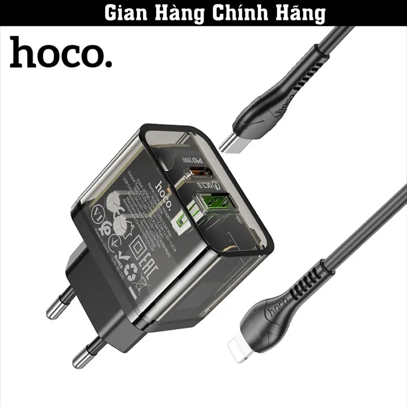 Bộ Sạc Nhanh 20W Hoco N34 Cho iPhone 8/X/Xr/Xs/Xsmax/11/12/13/14 Series, Thiết Kế Vỏ Trong Suốt Đẹp Độc Đáo, Sạc Pin 0-50% Trong 30Phút, Tự Ngắt Khi Pin Đầy, Sạc Ổn Định, Mẫu Mới, Bảo Hành 12 Tháng
