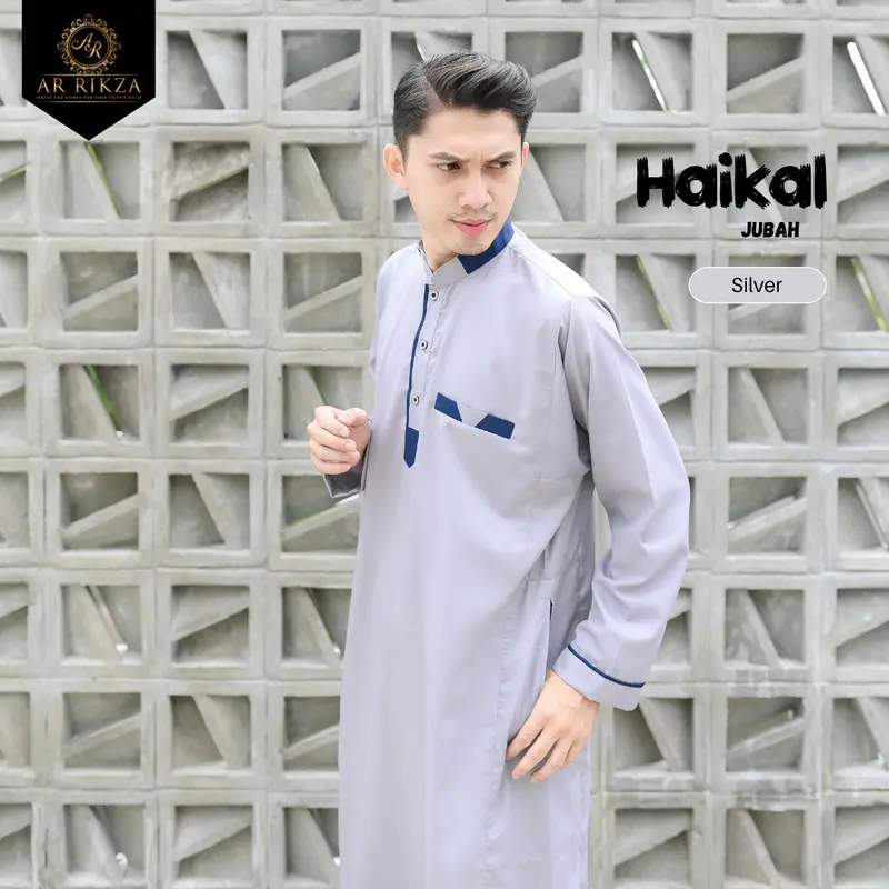 Jubah Gamis Pria Muslim Jubahh Haikal's Dewasa Simple Bahan Katun Toyobo Lengan Panjang Silver List Navy Series Kancing Abu 3