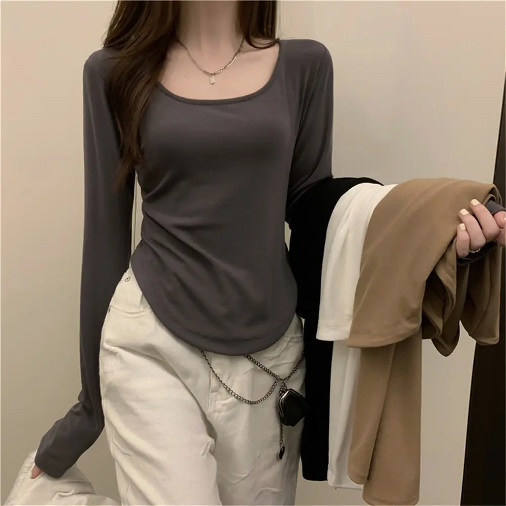 Áo Phông Mới Cho Nữ, Màu Trơn Đơn Giản, Mỏng, Dài Tay, Bất Đối Xứng, Thường Ngày, Thích Hợp Mặc Hàng Ngày Và Học Sinh, Áo Mùa Thu