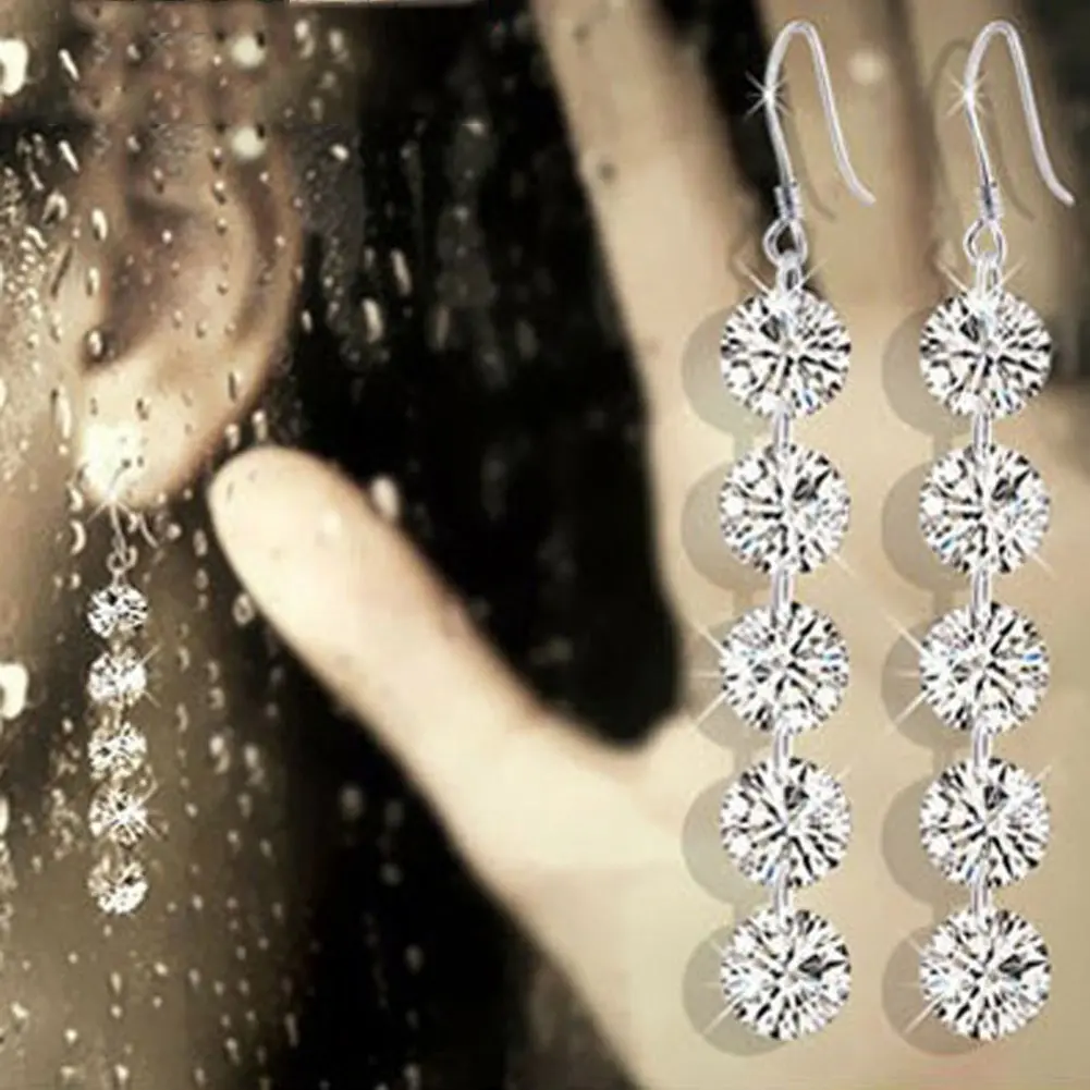 Fashion Five Zircons Long Drop Hook Earrings Charming Women Bride Jewelry Gift