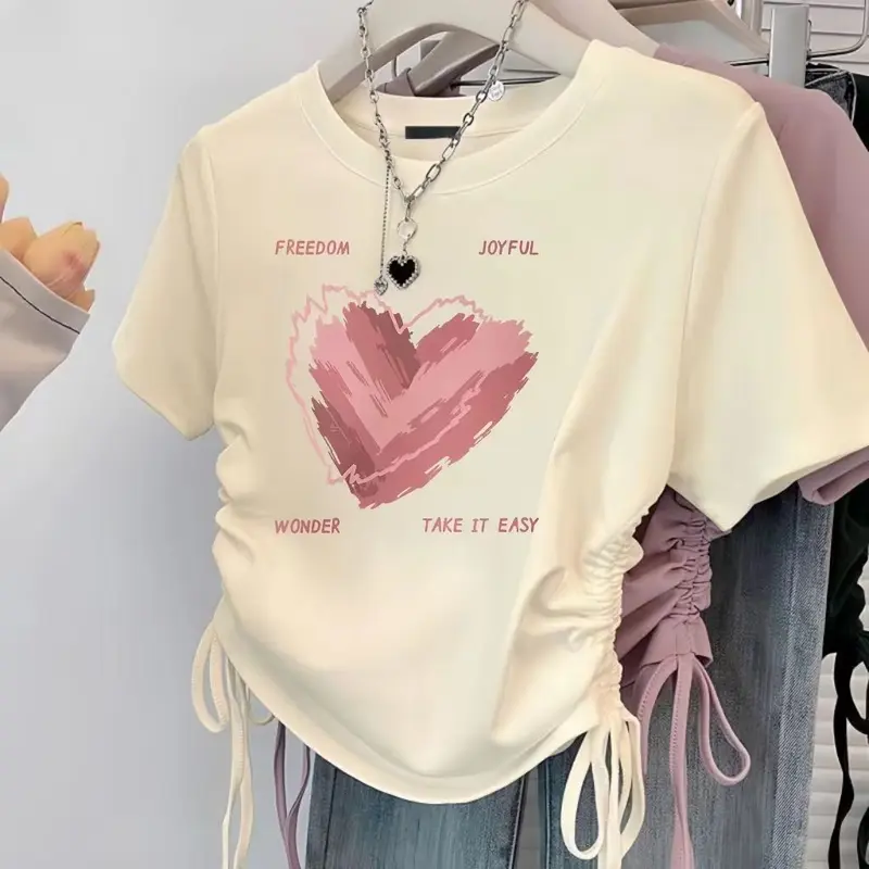 Áo Thun Ngắn Tay Thời Trang, Phong Cách Preppy Dễ Thương Và Gợi Cảm Trung Quốc Mới, Dáng Ôm, Áo Dây Rút Nữ, Dễ Phối Đồ, Phong Cách Ins, Thời Trang 4