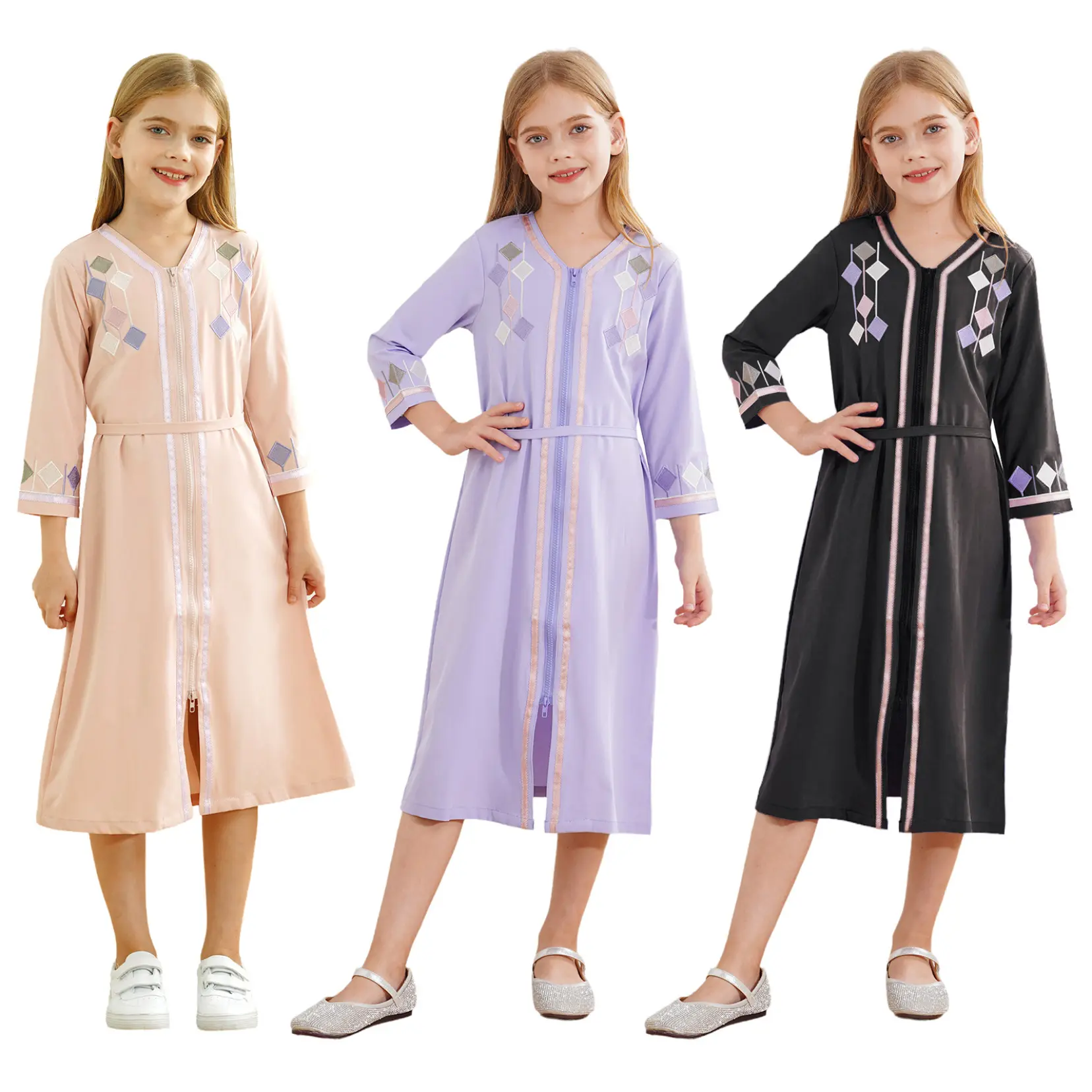Jelory Girls Muslim Dresses Kids Long Sleeve Islamic Robe Kaftan Maxi Gown Prayer Dress Eid Middle East Clothes