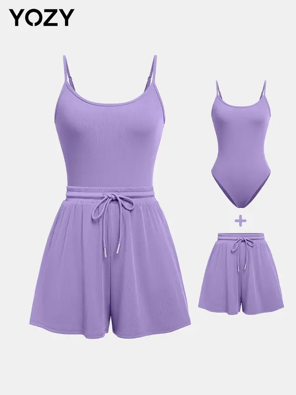 YOZY Adjustable Strap Cami Bodysuit & Drawstring Wide Leg Shorts Set, Casual Round Neck Sphaghetti Strap Bodysuit & Elastic Shorts Set, Back to School Women's Wear for Summer, Travel 4