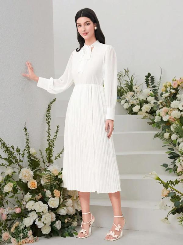 Women's Plain Pleated Tie Front Split A Line Dress Without Belt, Elegant Bishop Sleeve Tie Neck Midi Dress for Party Wedding Guest, Ladies Summer Clothes 4