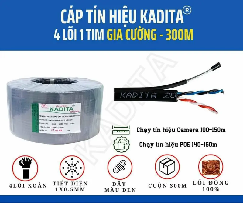 Dây Cáp Mạng KADITA 4 Lõi Ngoài trời Có Thép Cường Lực + Vỏ Nhựa Mềm Siêu Bền  ( Cuộn 300m ) - Lõi Đồng Nguyên Chất  Chuyên Dụng Kéo Ngoài Trời - Chính hãng. 4