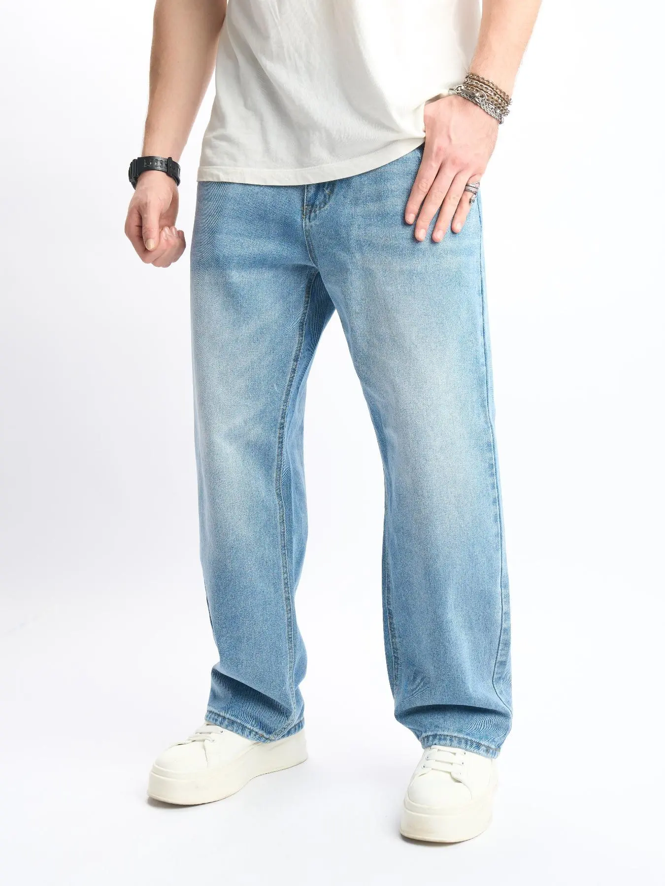 Men's Solid Color Straight Leg Jeans, Loose Casual Comfy Pocket Denim Pants for Daily Wear, All-match Woven Bottoms for All Seasons, Cotton