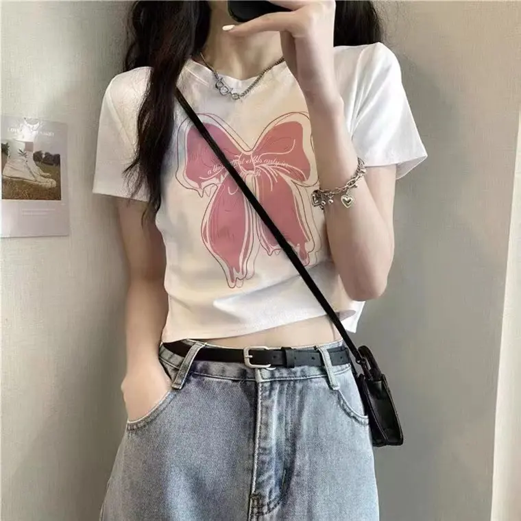 Top Women Cổ Tròn Áo Thun ngắn Tay In Hình Màu Trắng, Dành Cho Nữ, Hàng Mới Về Mùa Xuân 2024