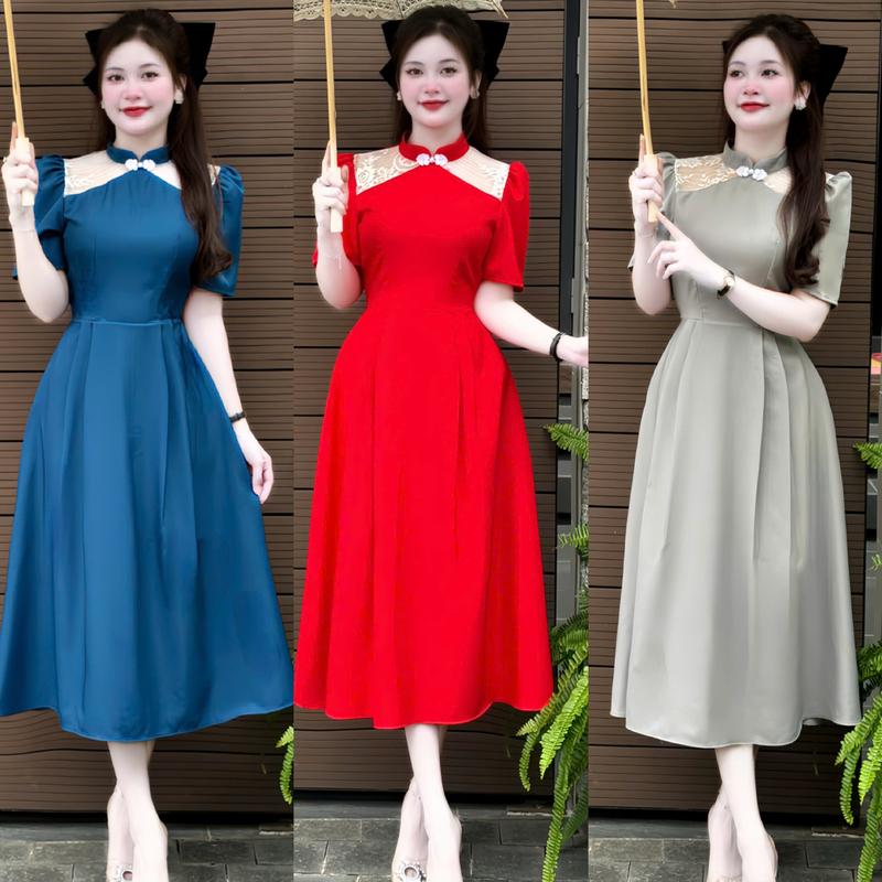 [FREESHIP] D17- Váy Nút Cổ Tàu Mặc Tết, Vây thiết kế xoè nhẹ, vải tây cao cấp mềm mịn, mặc Tết, đi làm , đi chơi 38kg-60kg Mijustore Màu Xanh Dress Women Nữ